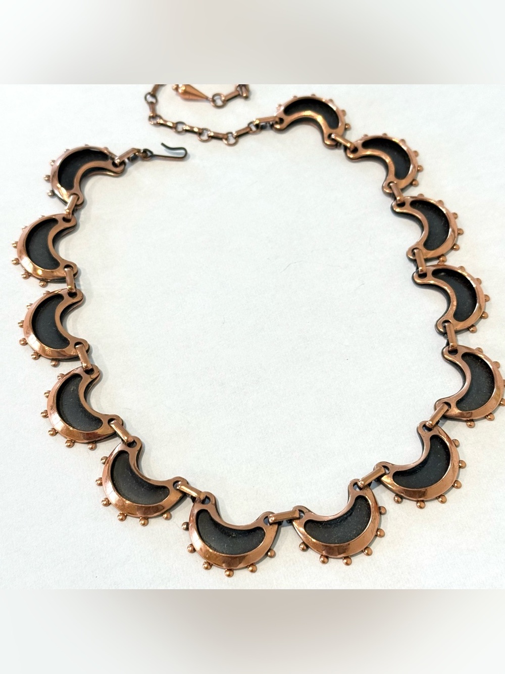 Vintage RENOIR Necklace Solid Copper Black Enamel Crecent Moons MCM